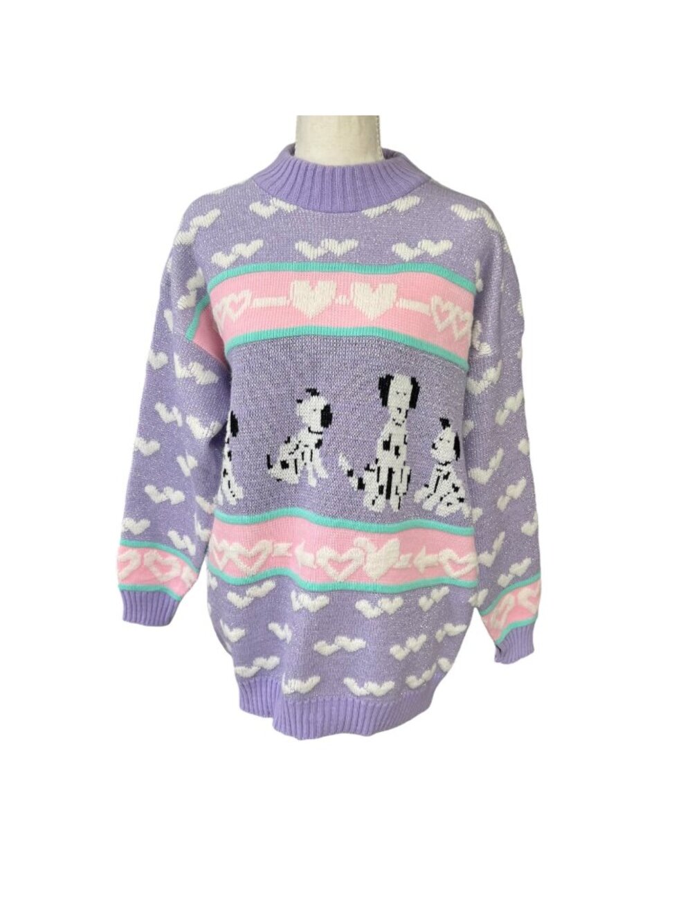 Vintage 90's Adele Knitwear Lavender Dalmatian Sweater With Hearts Size M